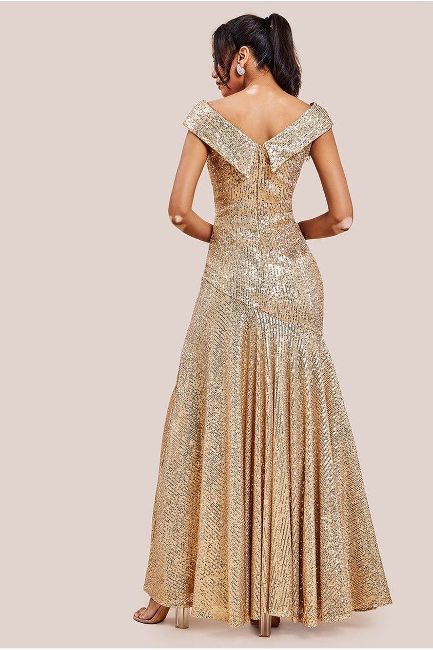 Goddiva Bardot Sequin Pleated Maxi Dress - Gold