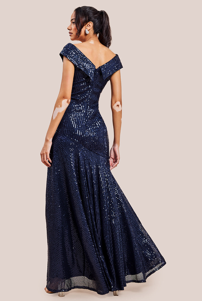 Goddiva Bardot Sequin Pleated Maxi Dress - Navy