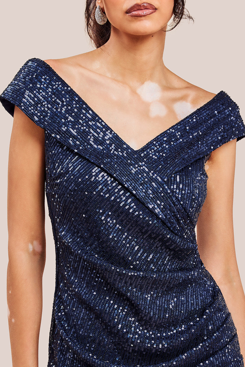 Goddiva Bardot Sequin Pleated Maxi Dress - Navy