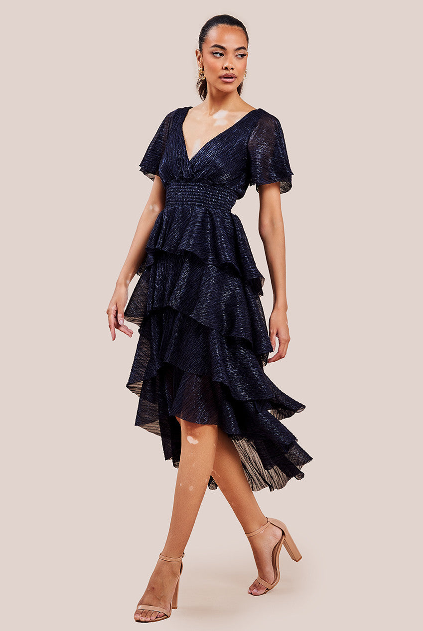 Goddiva Crinkle Lurex High Low Layered Midi Dress - Navy