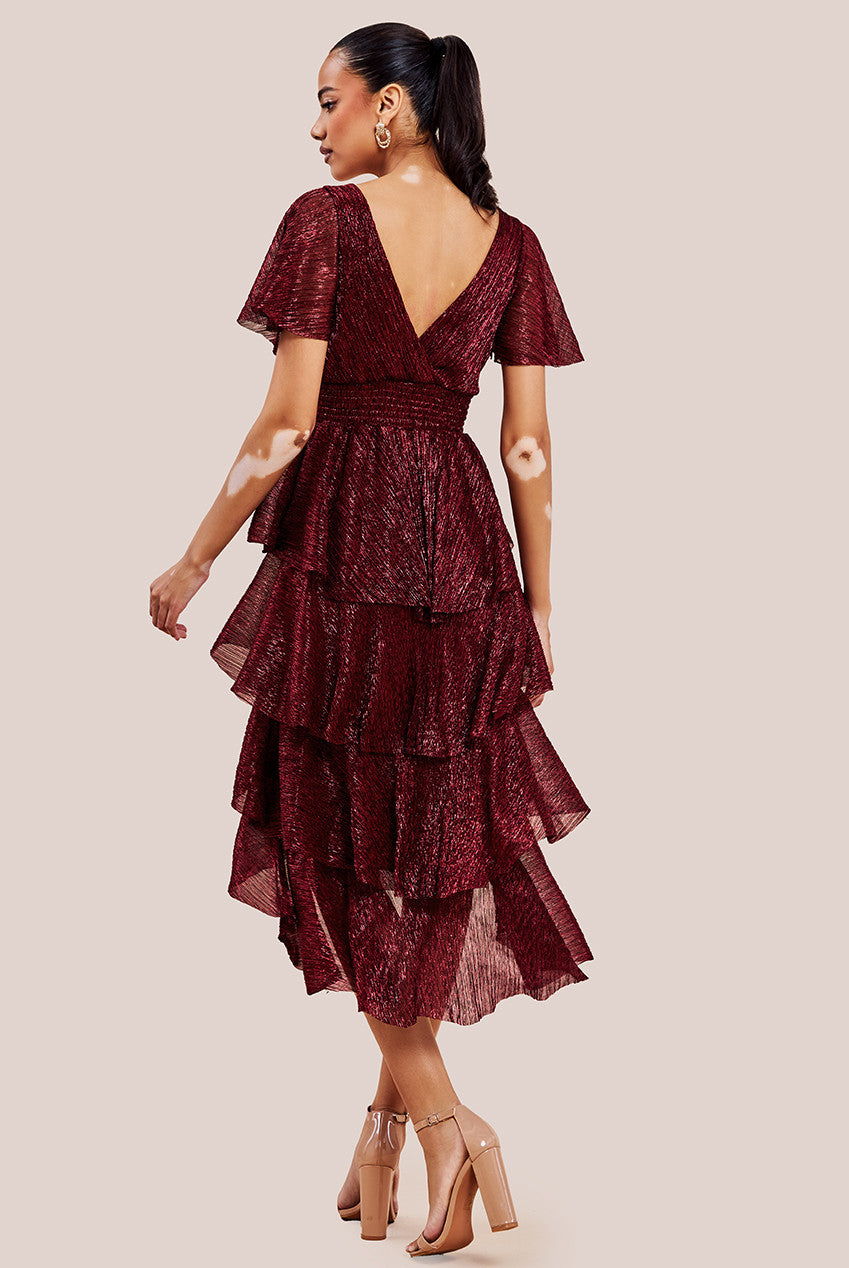 Goddiva Crinkle Lurex High Low Layered Midi Dress - Wine