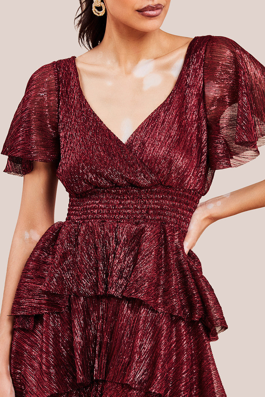 Goddiva Crinkle Lurex High Low Layered Midi Dress - Wine