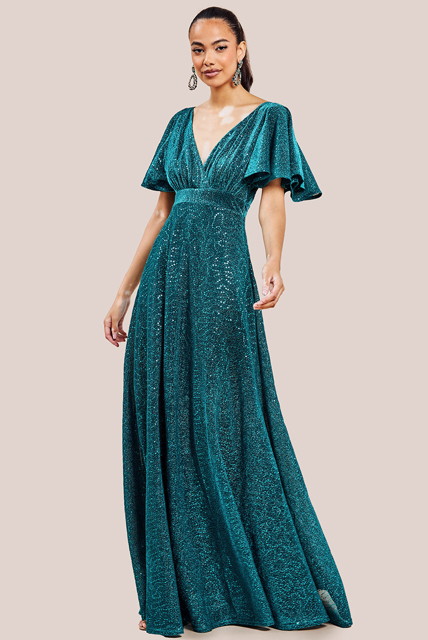 Goddiva Sequin Lurex Flutter Sleeve Maxi Dress - Tealblue