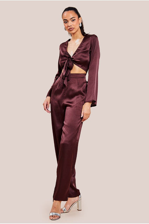 Goddiva Cut Out Satin Romper - Brown