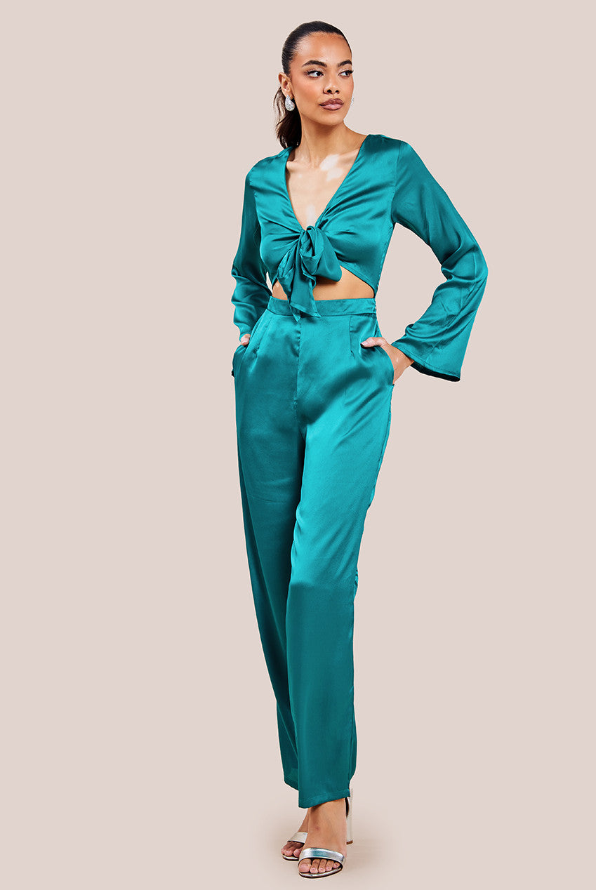 Goddiva Cut Out Satin Romper - Emerald