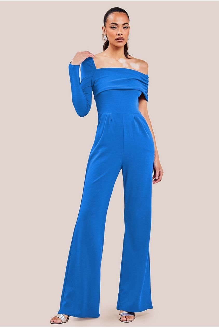 Goddiva One Shoulder Scuba Romper - Royal Blue