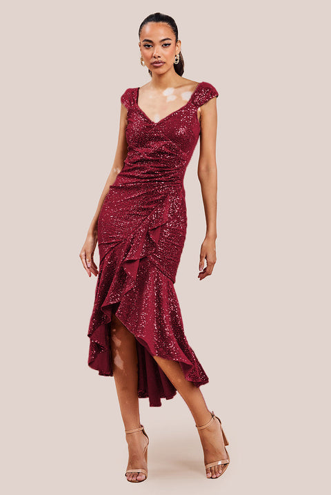 Goddiva Sequin & Velvet Bardot High Low Midaxi Dress - Wine