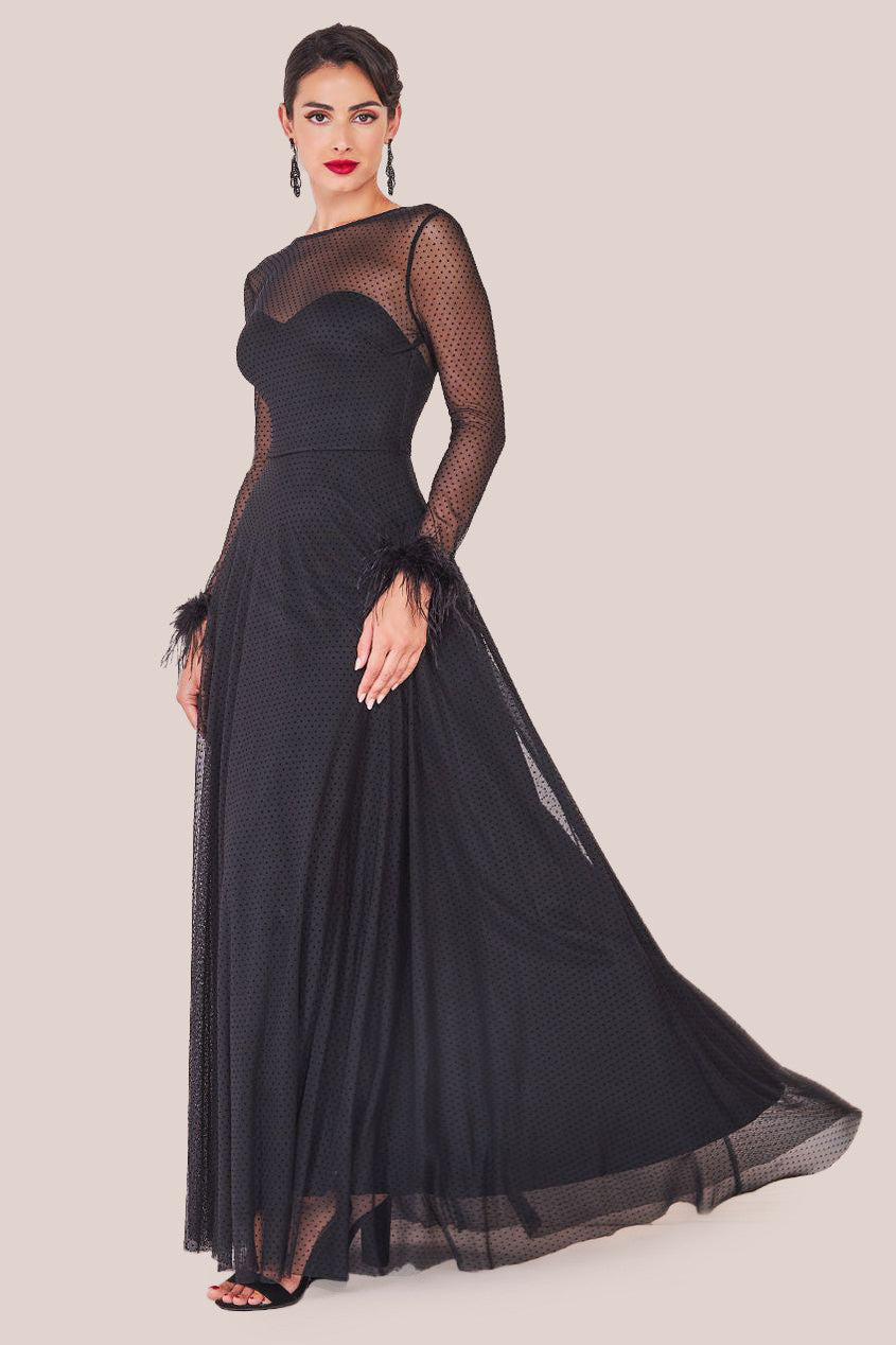 Goddiva Dobby Mesh Feather Sleeve Hem Maxi Dress - Black