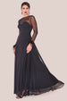 Goddiva Dobby Mesh Feather Sleeve Hem Maxi Dress - Black