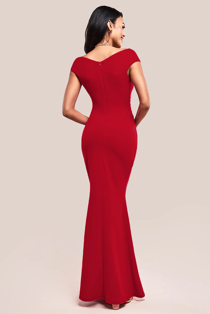 Goddiva Bardot Pleated Maxi Dress - Red