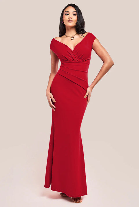 Goddiva Bardot Pleated Maxi Dress - Red