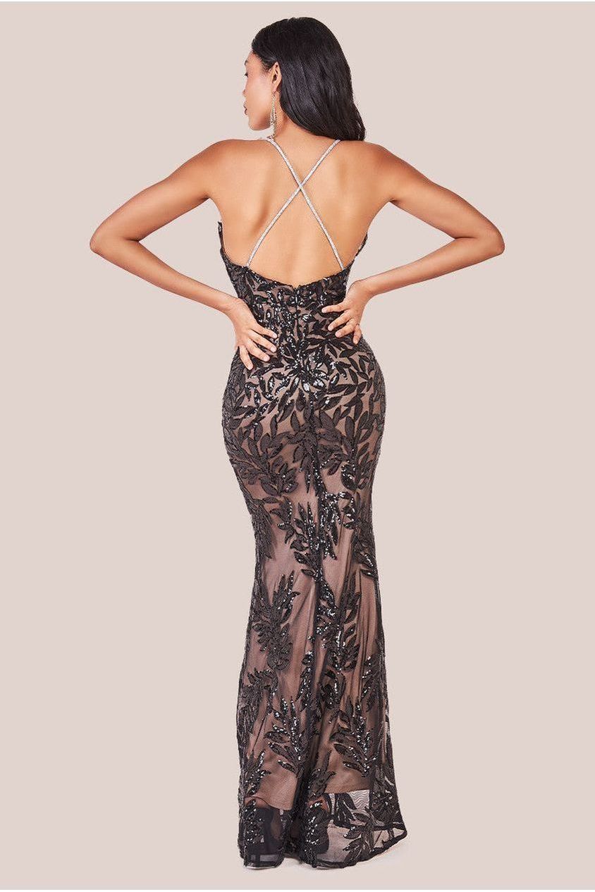 Goddiva Cross Back Diamante Strap Sequin Maxi - Black