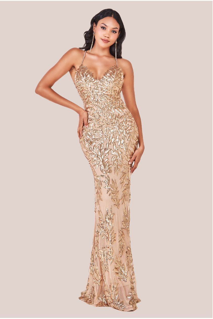 Goddiva Cross Back Diamante Strap Sequin Maxi - Gold