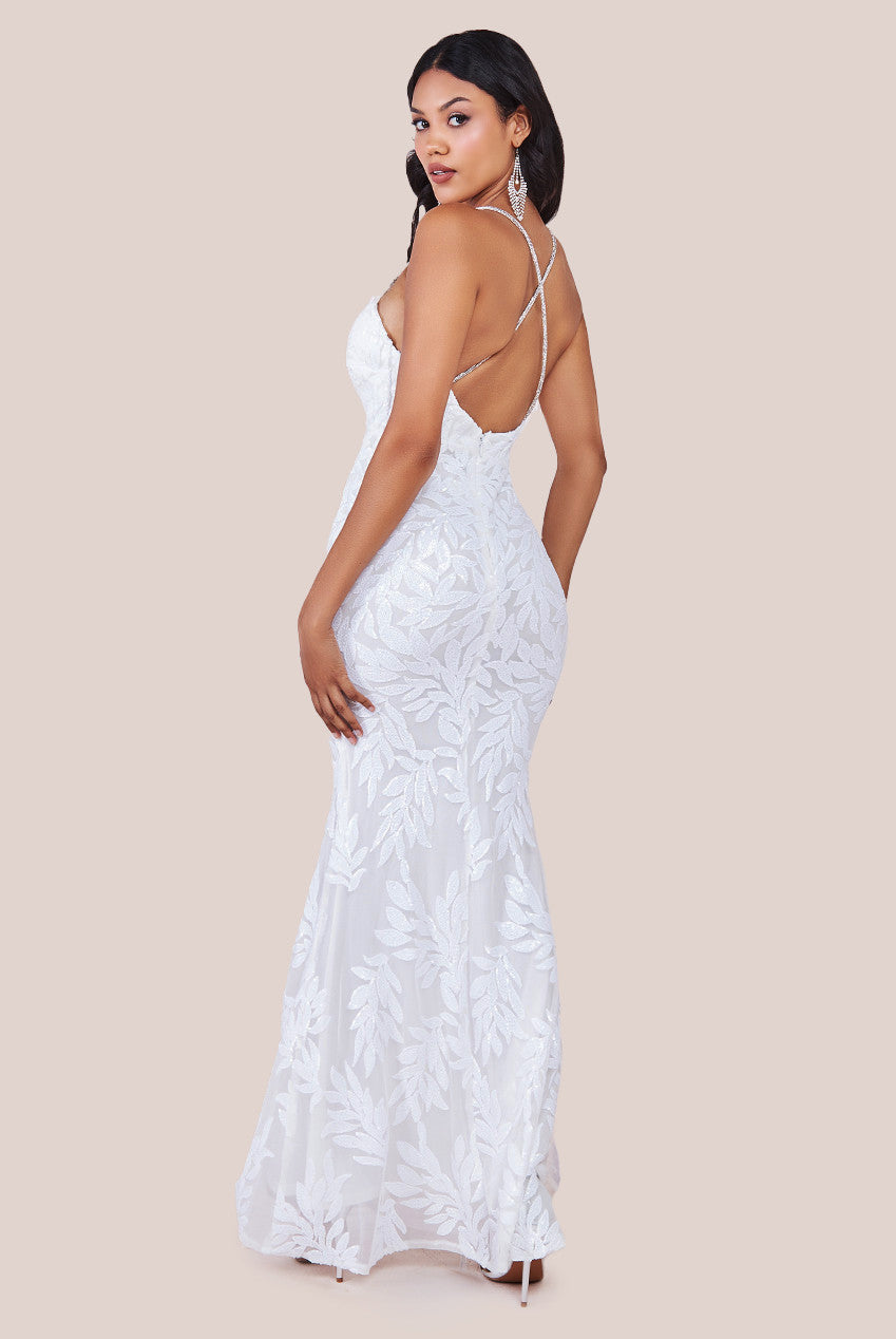 Goddiva Cross Back Diamante Strap Sequin Maxi - White