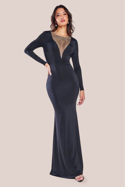 Black - Goddiva Diamante Fishnet Cowl Back Maxi - Black