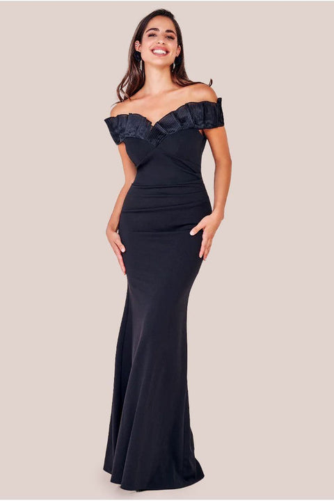 Goddiva Fan Pleated Bardot Scuba Crepe Maxi - Black