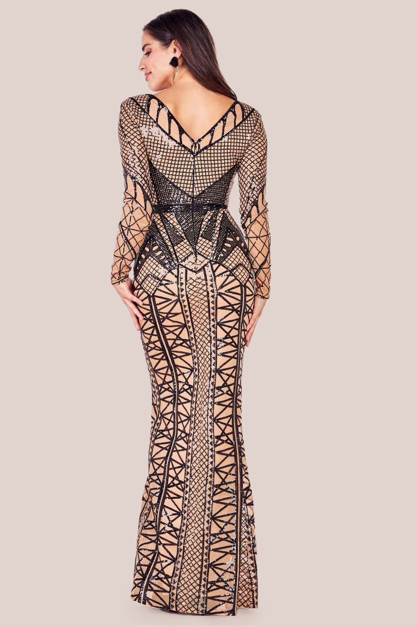 Goddiva Geometric Sequin Plunge Maxi - Black