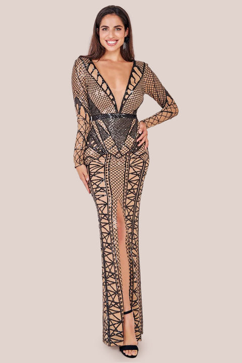 Goddiva Geometric Sequin Plunge Maxi - Black