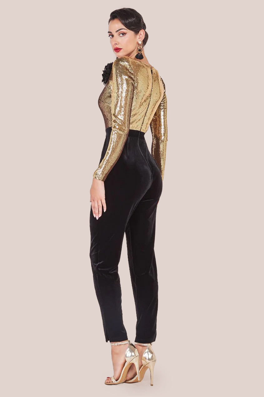 Goddiva Liquid Sequin Romper With Corsage - Gold