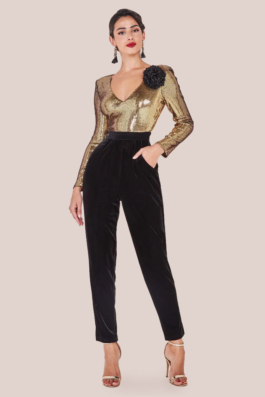 Goddiva Liquid Sequin Romper With Corsage - Gold