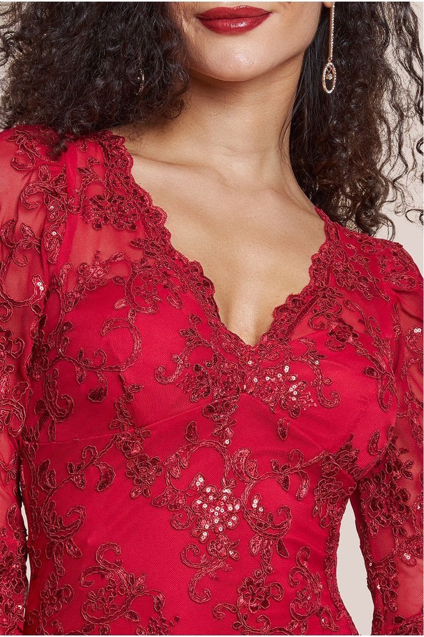 Goddiva Scalloped Lace Maxi Dress - Red