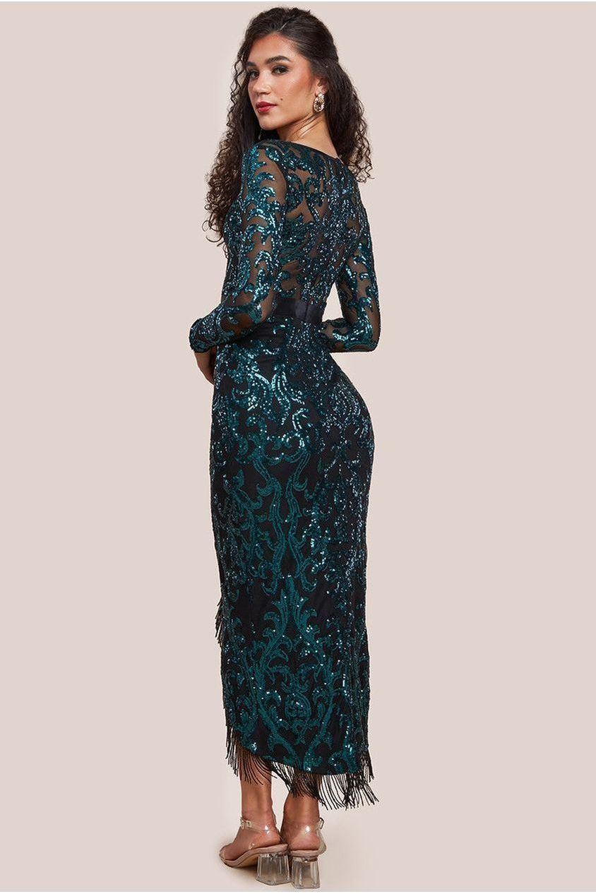 Goddiva Tassel & Sequin Midaxi With Front Split - Emerald Green