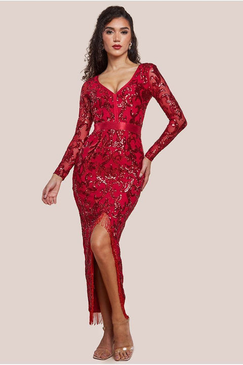 Goddiva Tassel & Sequin Midaxi With Front Split - Red