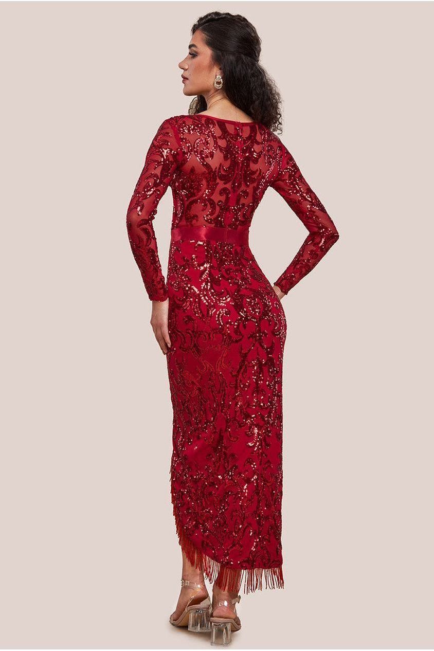 Goddiva Tassel & Sequin Midaxi With Front Split - Red