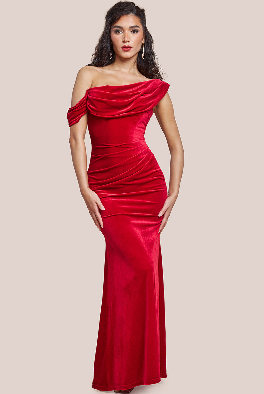 Goddiva Cowl One Shoulder Velvet Maxi Dress - Red