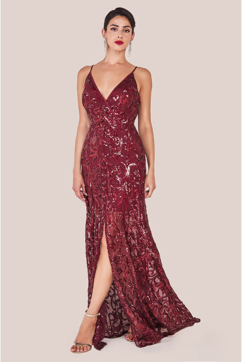 Goddiva Iridescent Sequin Maxi With Front Split - Burgundy