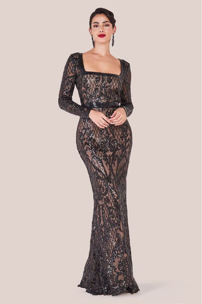 Black - Goddiva Sequin Square Neck Maxi With Scallop Hem - Black