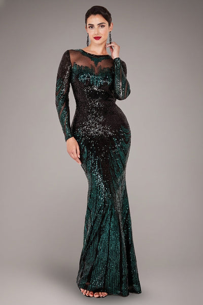 Emerald - Goddiva Long Sleeve Aztec Sequin Maxi Dress - Emerald Green