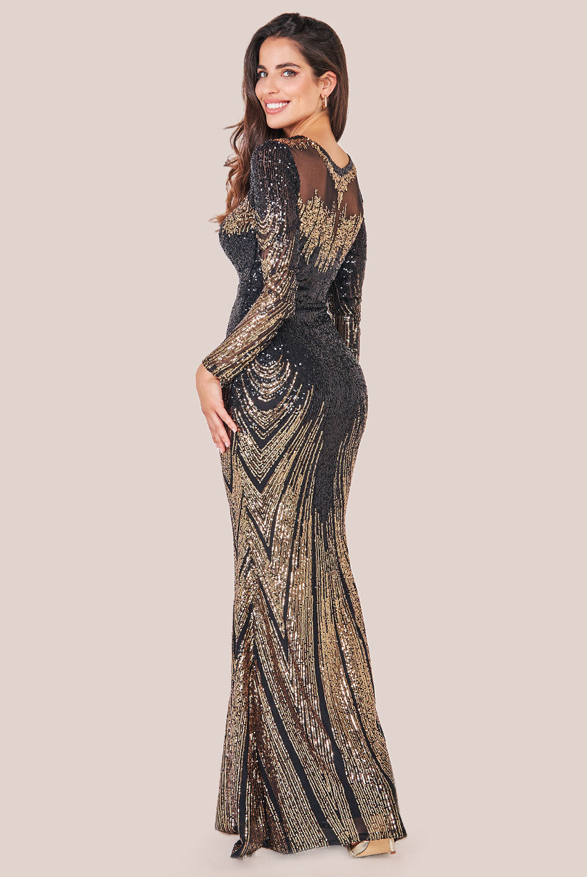 Goddiva Long Sleeve Aztec Sequin Maxi Dress - Gold