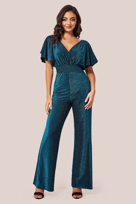 Goddiva Lurex Wrap Style Romper - Blue