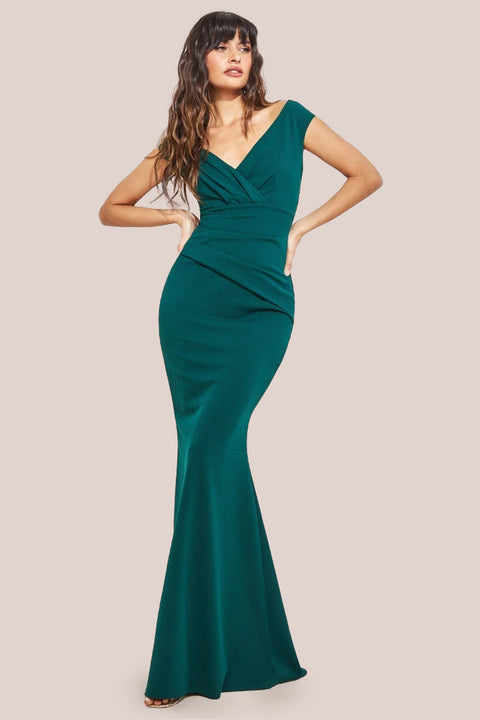 Goddiva Bardot Pleated Maxi Dress - Emerald Green