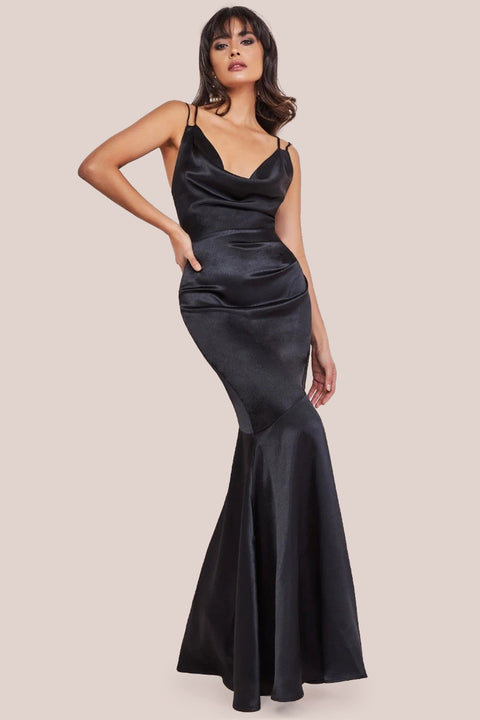 Goddiva Cowl Neck With Strappy Back Satin Maxi - Black