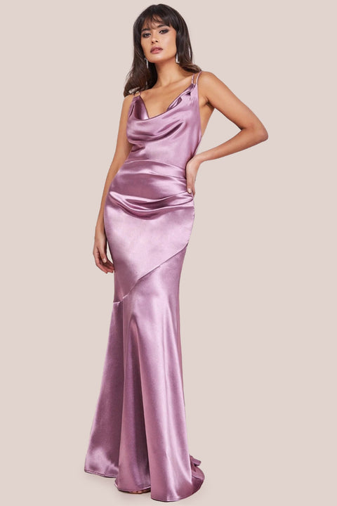 Goddiva Cowl Neck With Strappy Back Satin Maxi - Blush