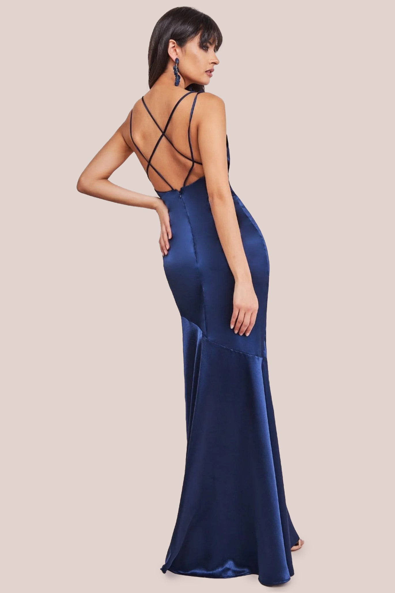 Goddiva Cowl Neck With Strappy Back Satin Maxi - Navy