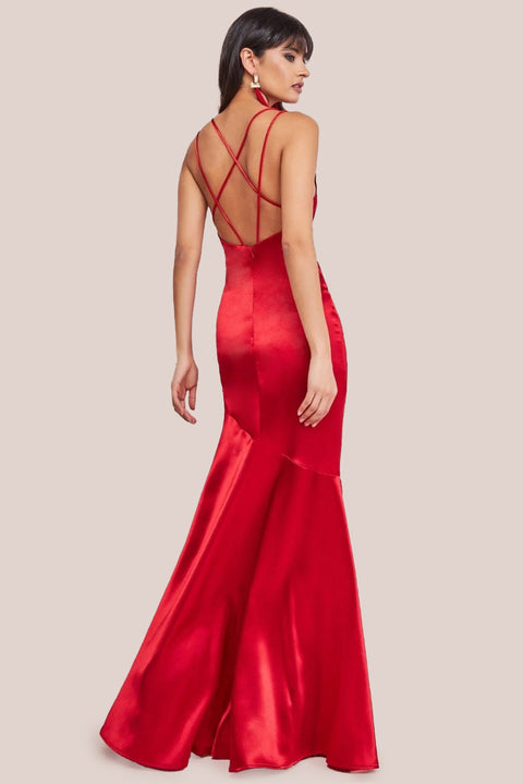 Goddiva Cowl Neck With Strappy Back Satin Maxi - Red