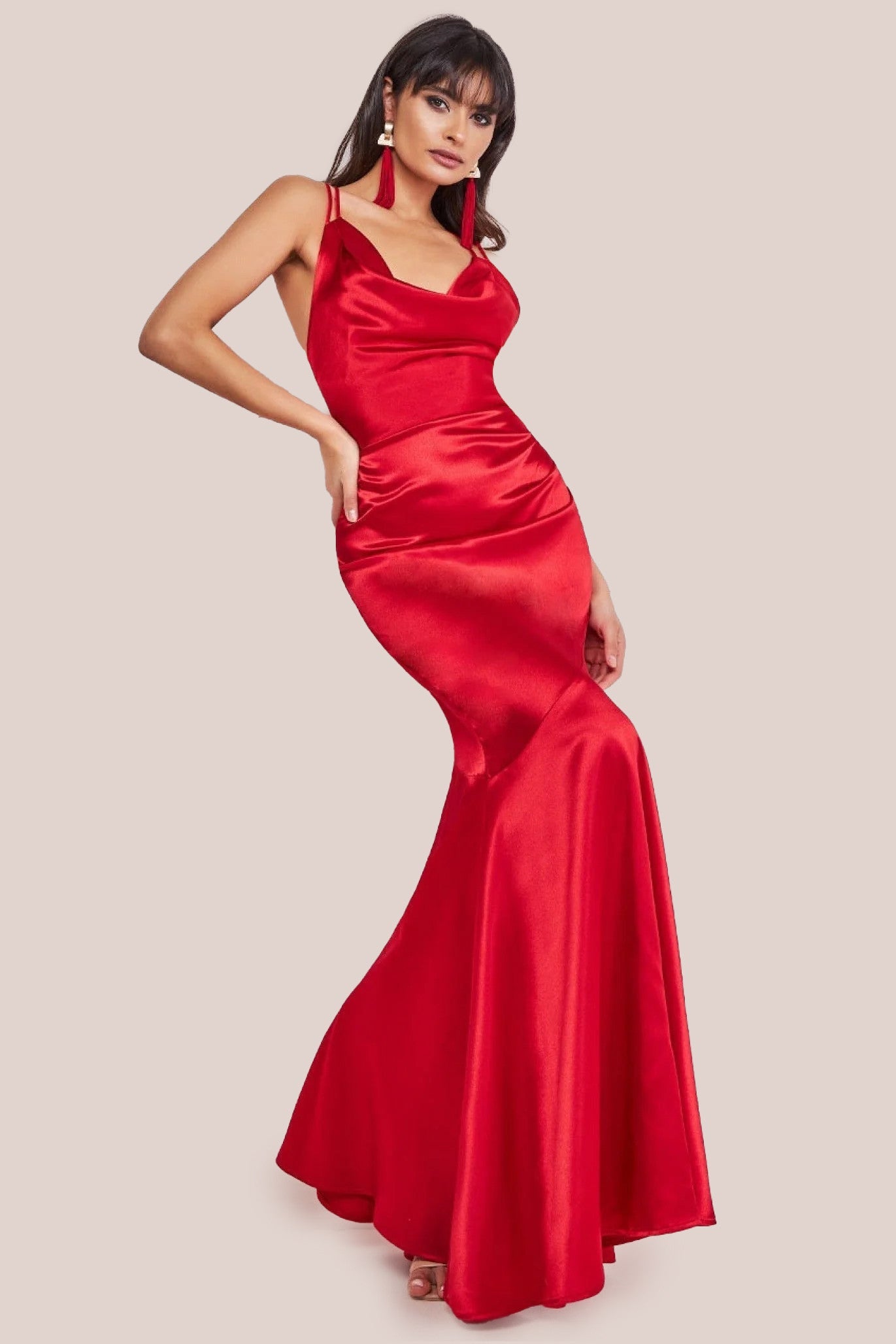 Goddiva Cowl Neck With Strappy Back Satin Maxi - Red