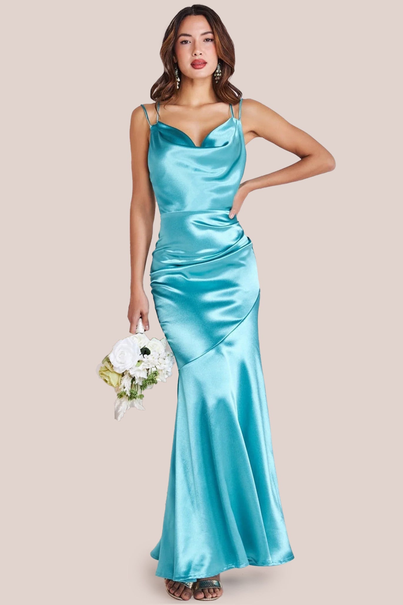 Goddiva Satin Cowl Neck With Strappy Back Maxi - Aqua