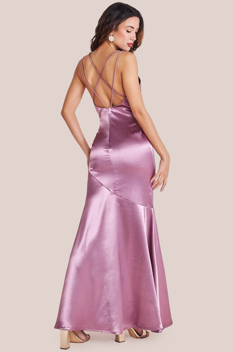 Goddiva Satin Cowl Neck With Strappy Back Maxi - Pink