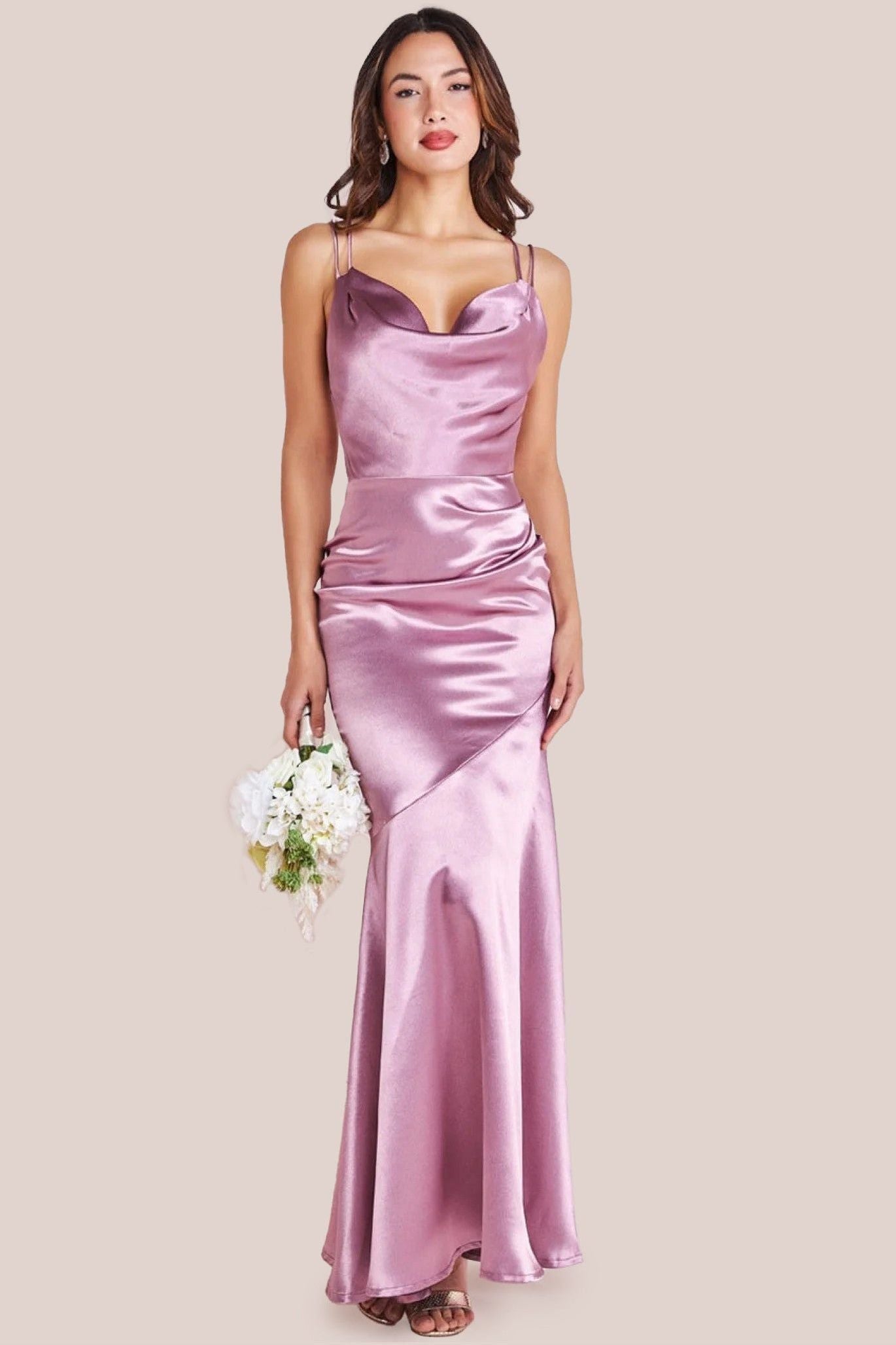 Goddiva Satin Cowl Neck With Strappy Back Maxi - Pink