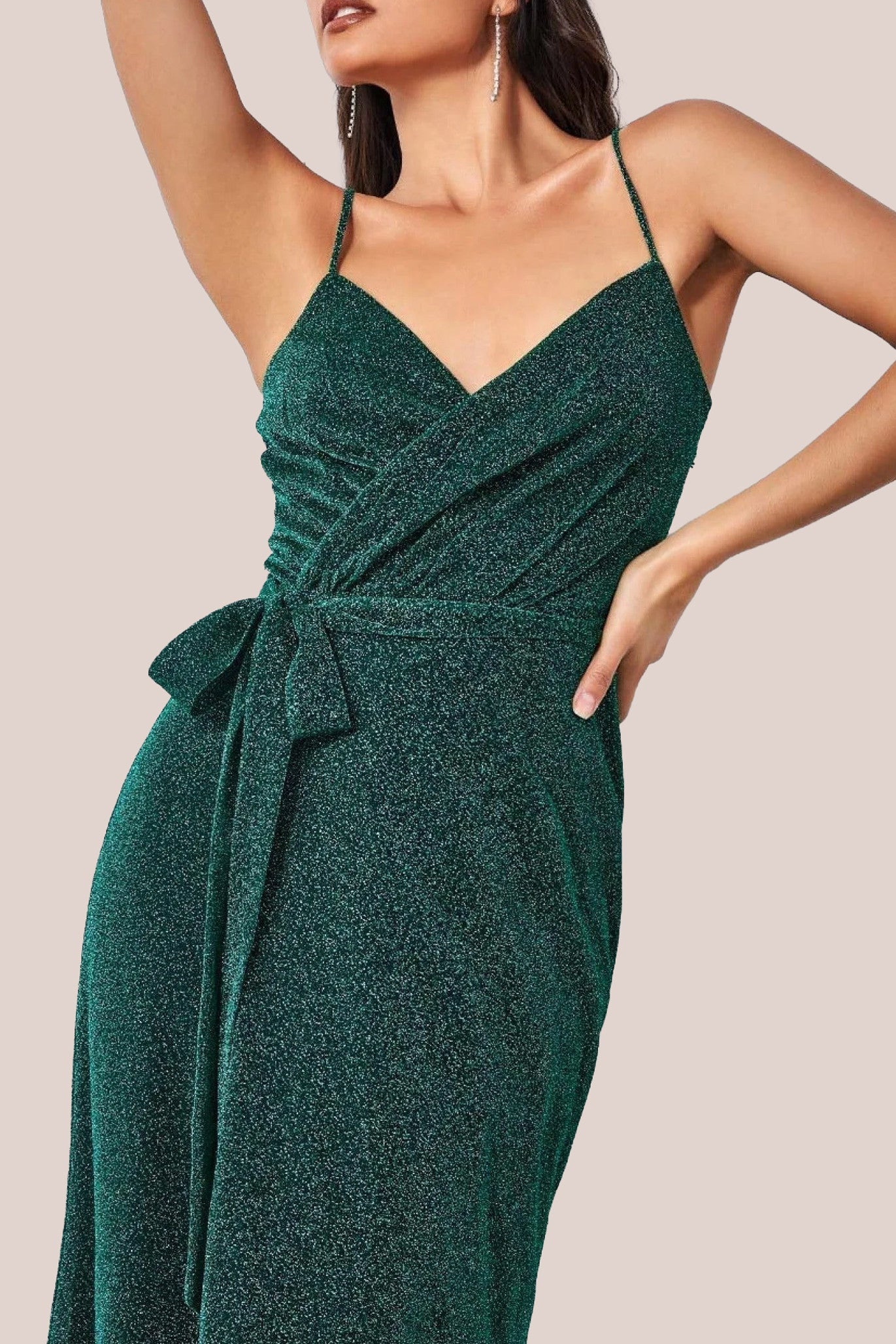 Goddiva Wrap Style Spaghetti Strap Maxi With Split - Emerald