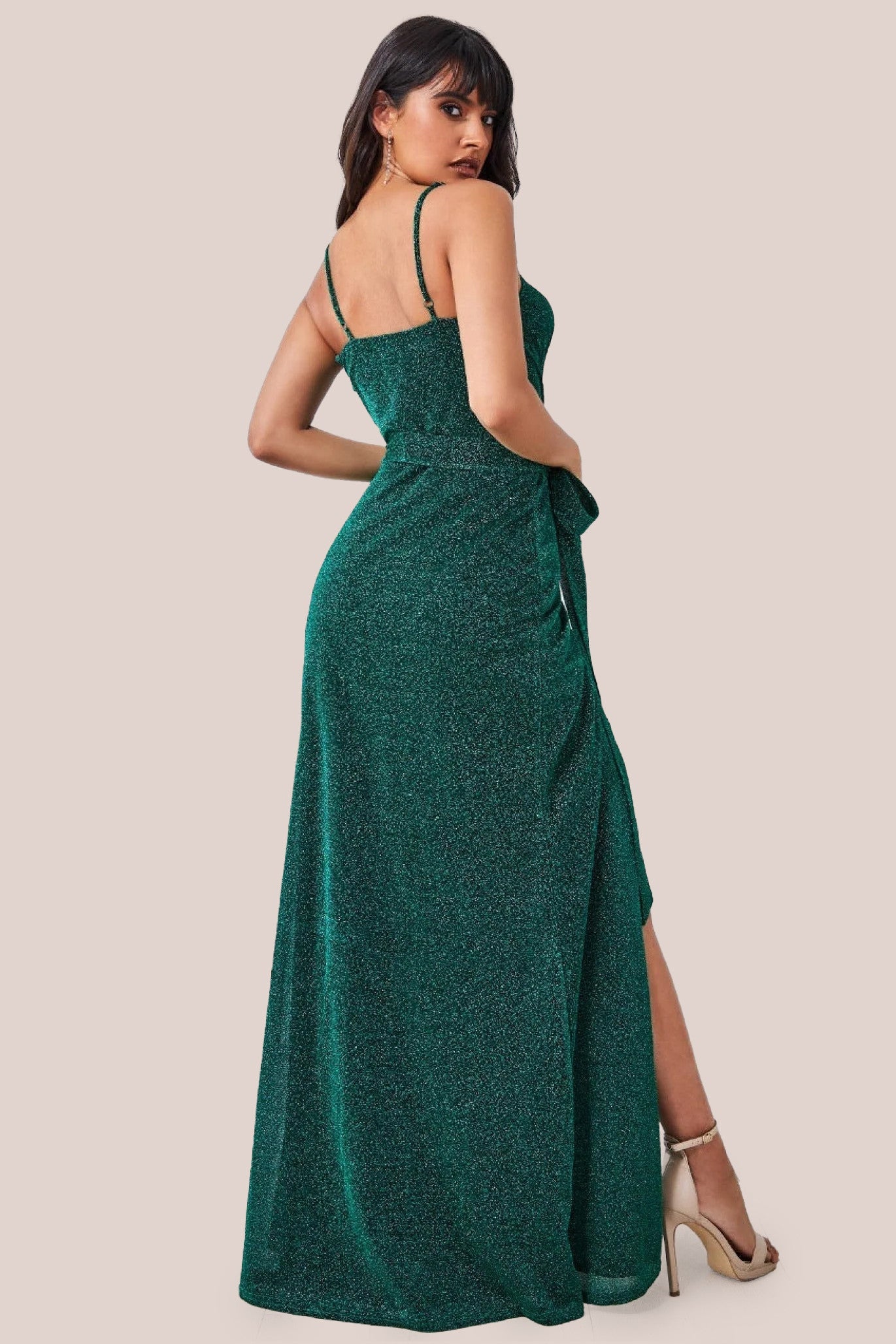 Goddiva Wrap Style Spaghetti Strap Maxi With Split - Emerald