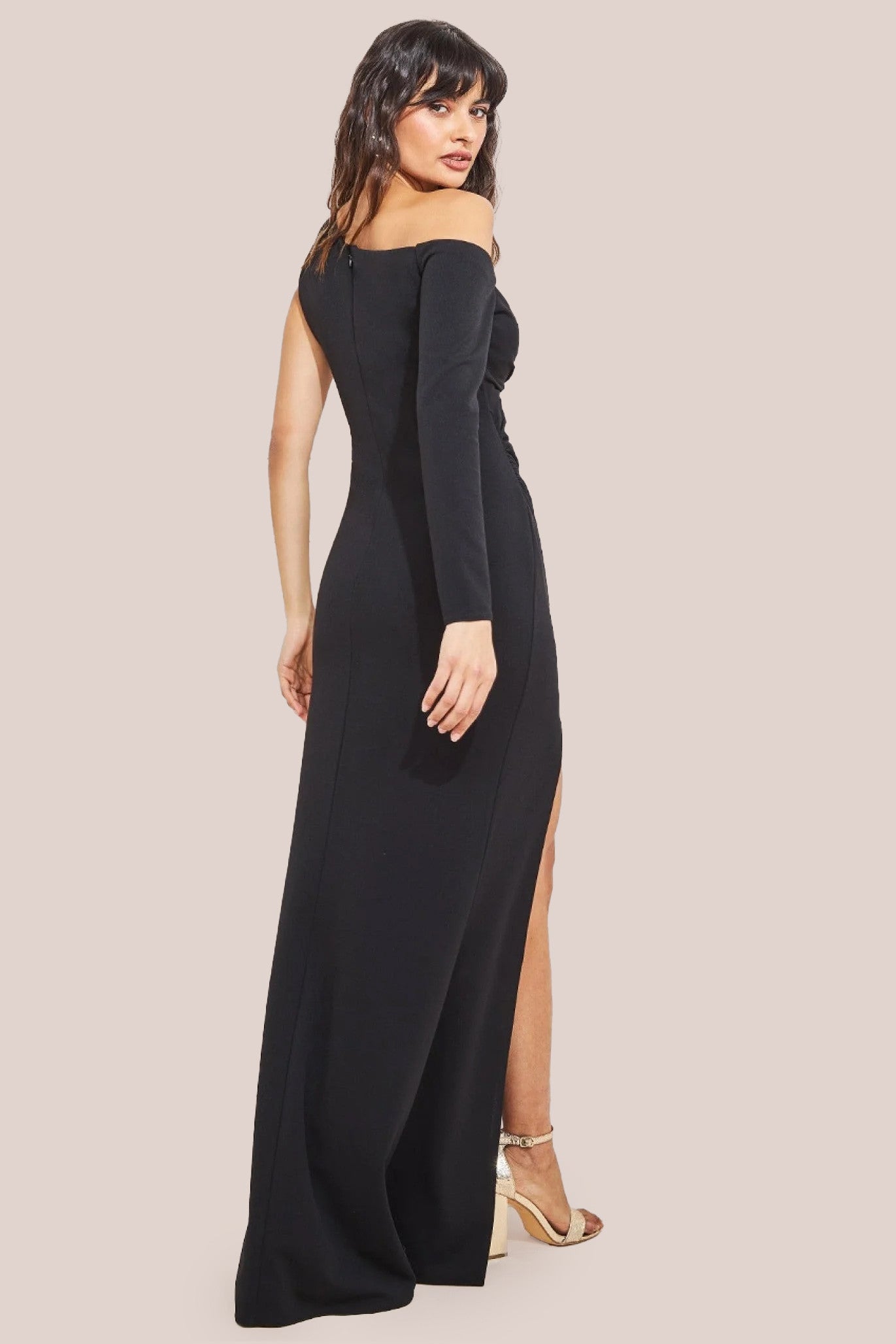 Goddiva One Shoulder Front Split Scuba Maxi Dress - Black