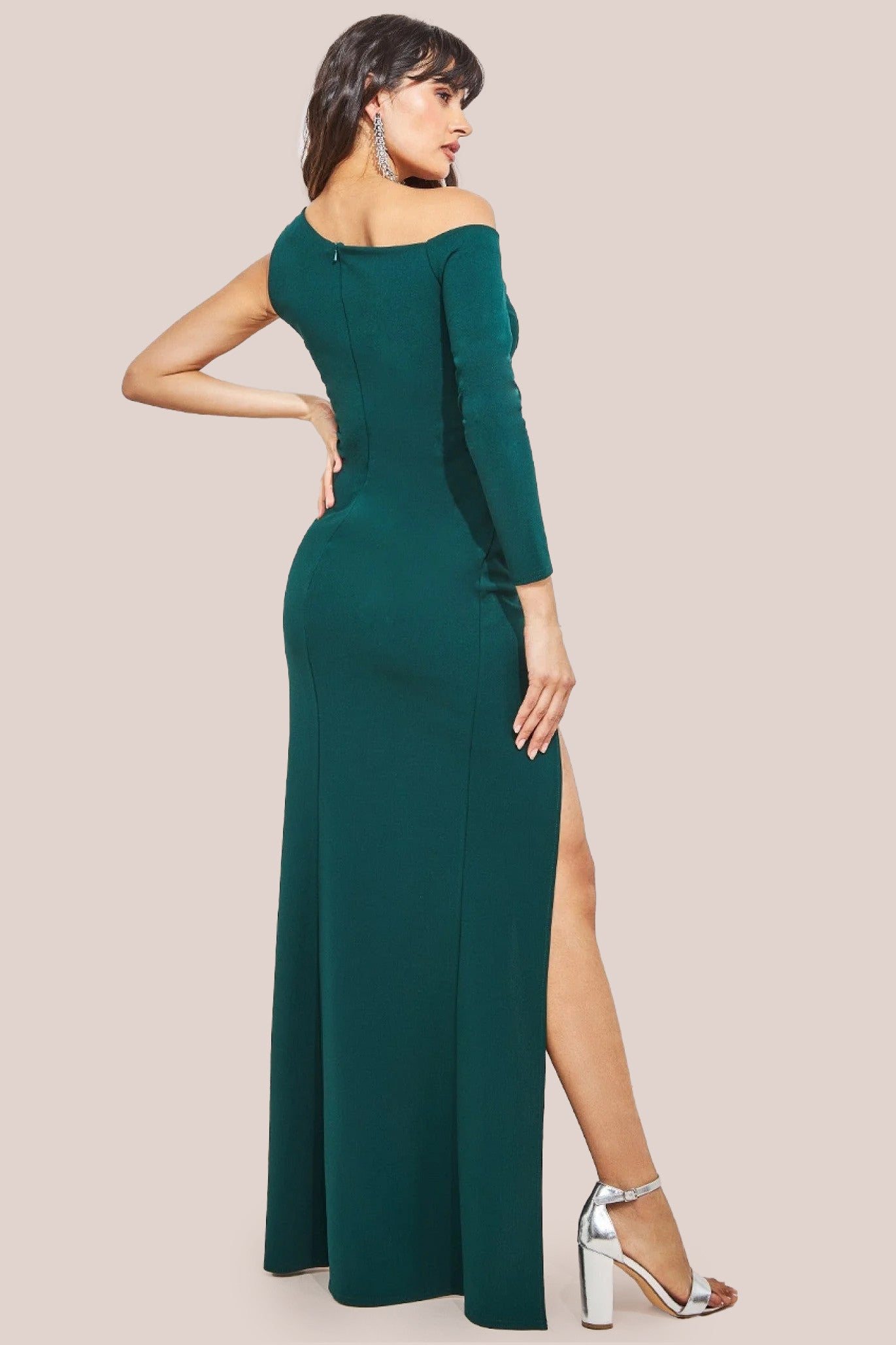 Goddiva One Shoulder Front Split Scuba Maxi - Emerald Green