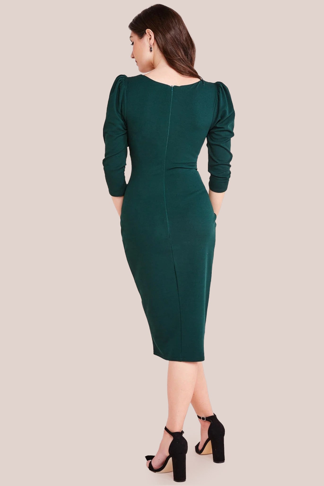 Goddiva Front Wrap Pleated Scuba Midi Dress - Emerald Green