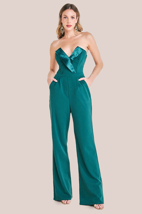 Goddiva Satin Collar Scuba Romper - Emerald Green