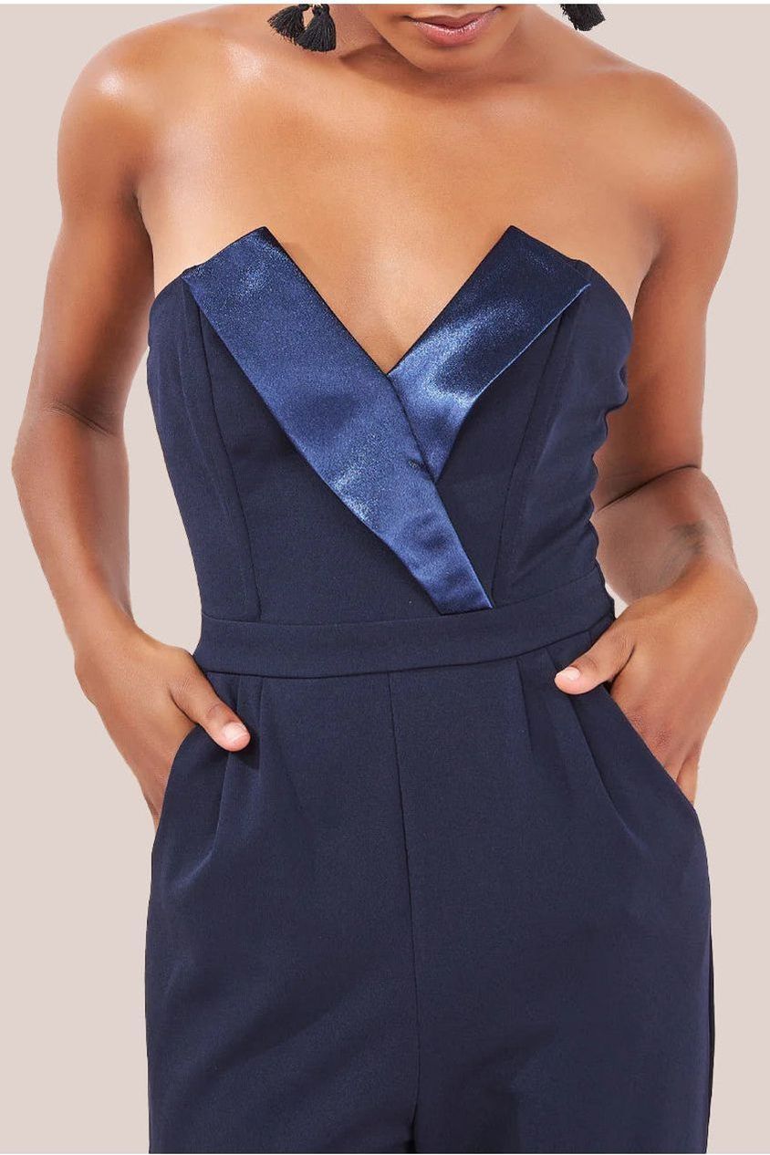 Goddiva Satin Collar Scuba Romper - Navy